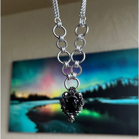 stainless steel necklace double wheat chain onyx stone rose & skull charm - Picture 12 of 13